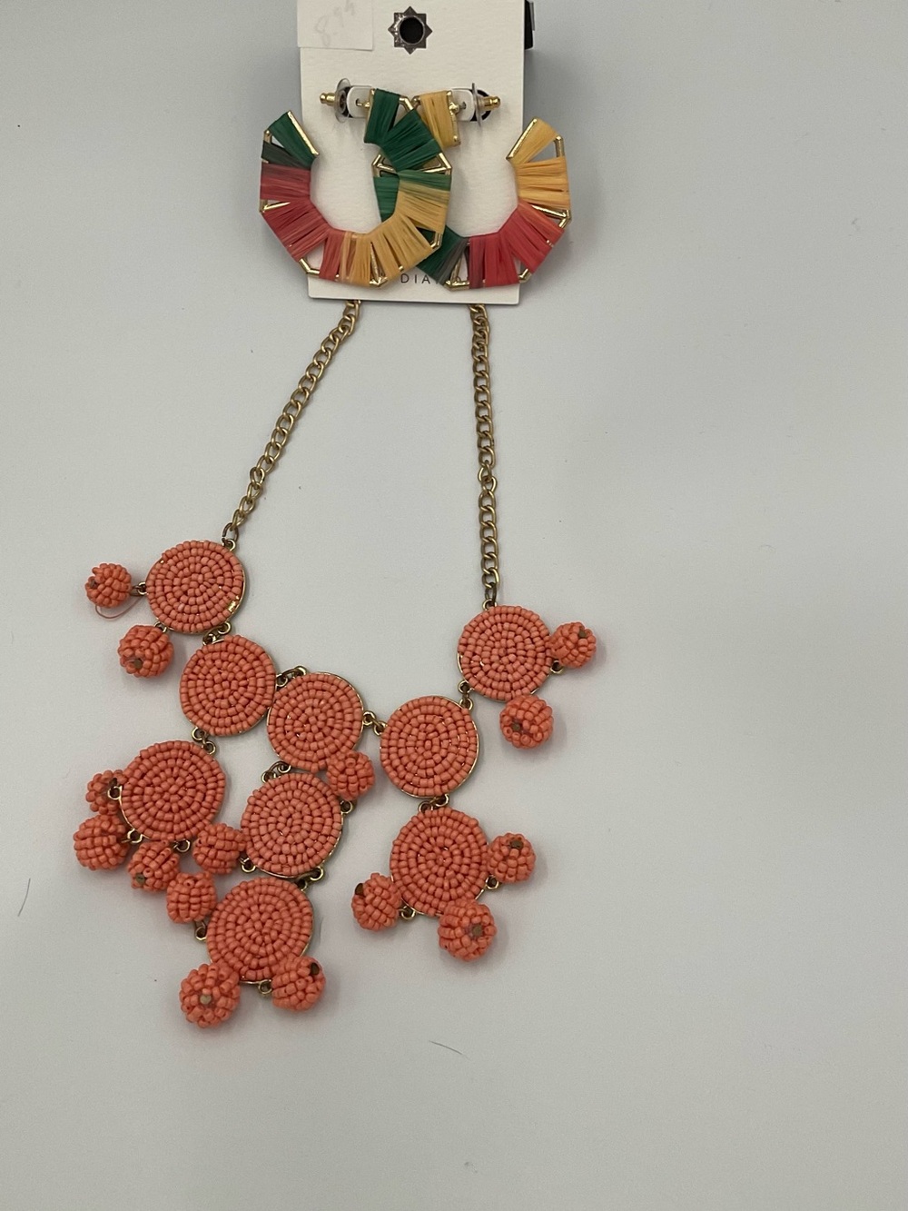 Beaded Coral Statement Necklace with Matching Hoop Earrings